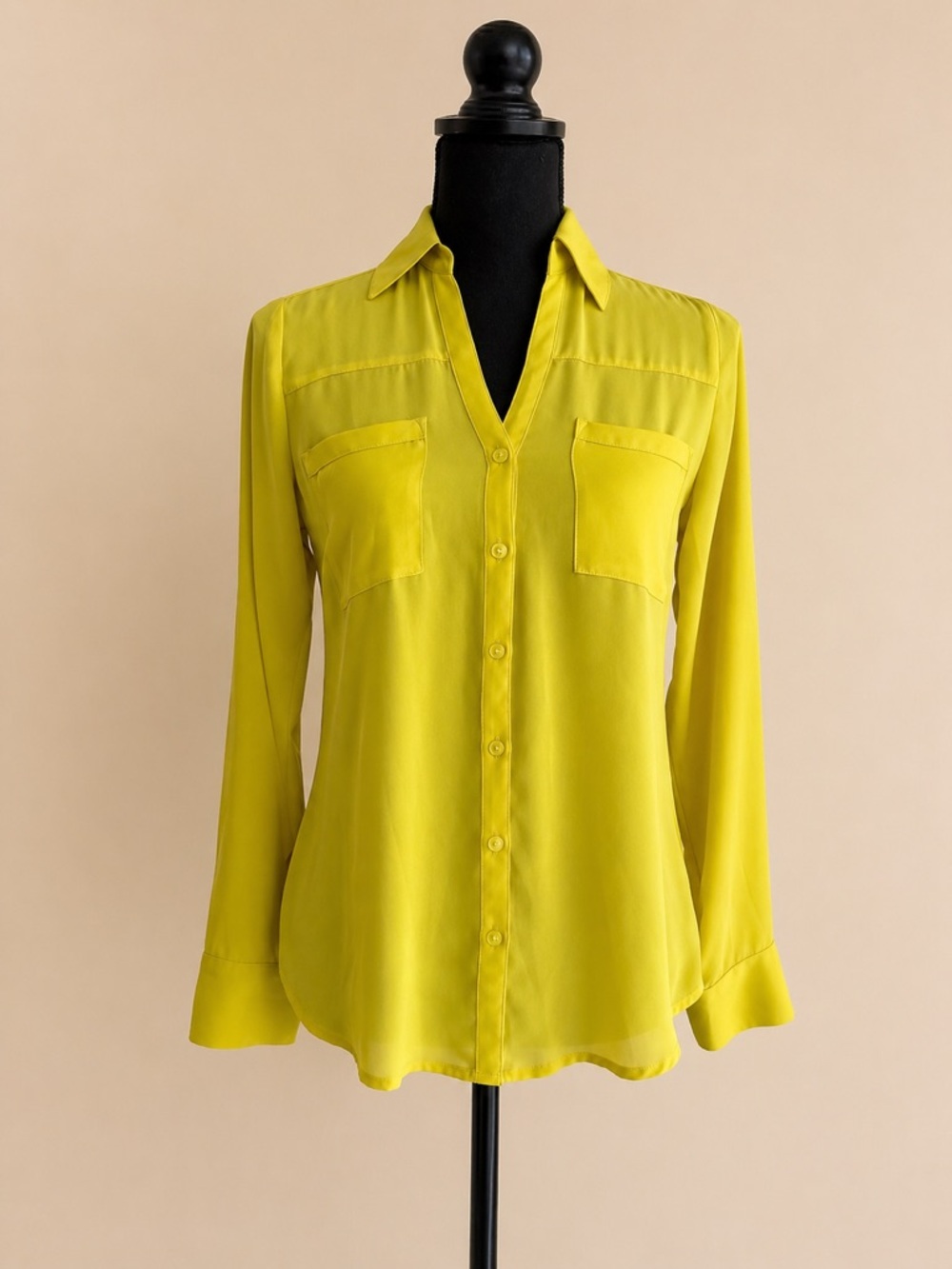 Express Portofino Shirt Lemon Yellow Blouse Silky Casual Dressy Button Down Top
